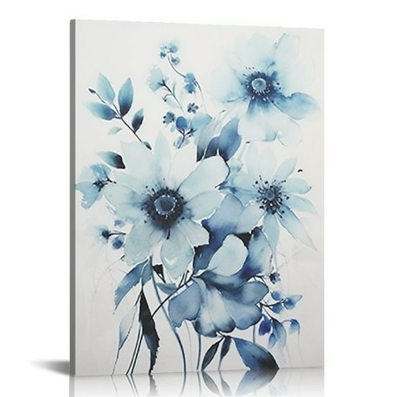JEUXUS  Framed Blue Floral Wall Art Decor with Watercolor Flowers Botanical Deckled Edge Print for Home Decoration, White Frames