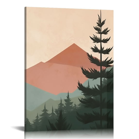 JEUXUS Framed Canvas Print Wall Art Set Woodland Nursery Decor Pastel Rising Sun Mountain Forest Abstract Nature Nordic Decorative Minimal Boho for Living Room, Bedroom, 16x20 inch