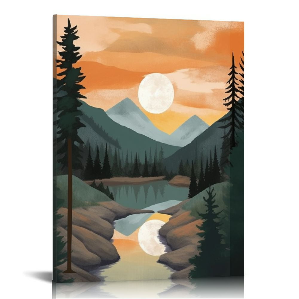 JEUXUS Framed Canvas Print Wall Art Sun Mountain Pine Tree Lake Nature ...