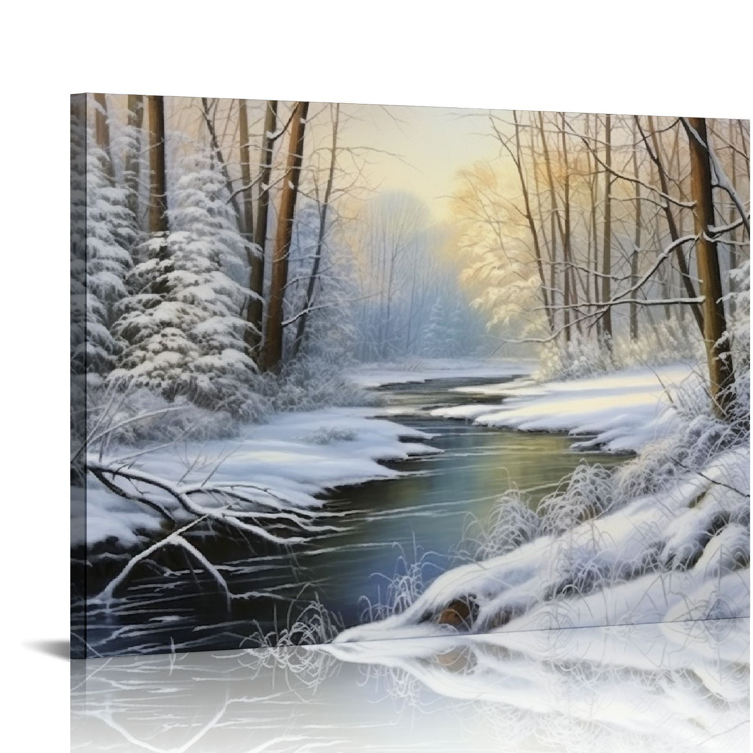 JEUXUS Framed Canvas Print Wall Art Winter River in Snowy Forest Nature ...
