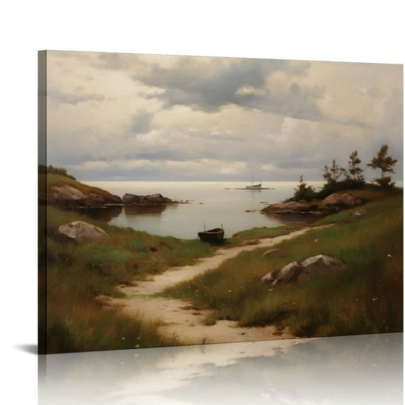 JEUXUS Framed Canvas Wall Art, 20x16 in Vintage Wall Art Decor for Living Room Nature Landscape Seaside Wood Wall Art Prints Classical Scenery Painting for Bedroom Office Home Decoration