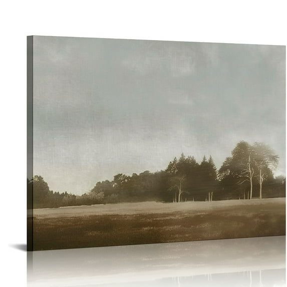 JEUXUS Framed Canvas Wall Art Brown Meadow with Green Forest Landscape Wilderness Impressionism Traditional Scenic for Living Room, Bedroom, Office
