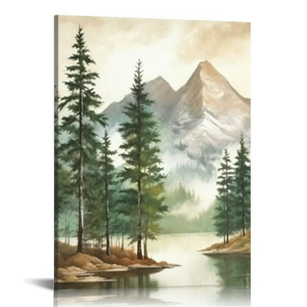 JEUXUS Framed Mountain Canvas Wall Art Watercolor Forest Landscape Painting Green Nature Prints Art Rustic Wall Decor for Living Room, Bedroom, Office