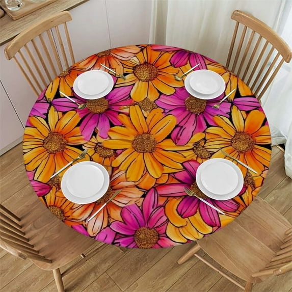 JEUXUS Full Width Single-Sided Printing Round Tablecloth - Large Flowers White