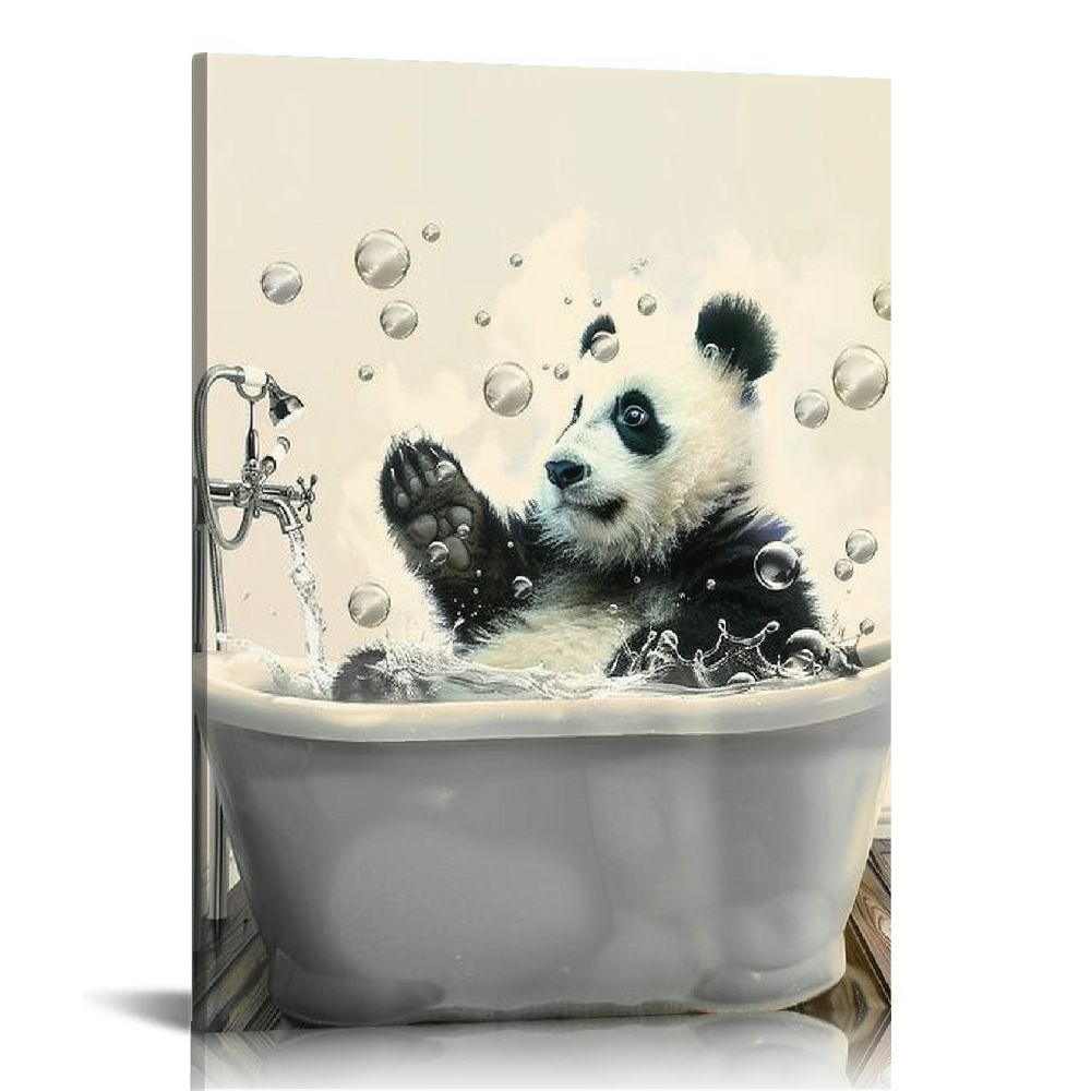 JEUXUS Funny Animal Bathroom Wall Art Cute Panda In Bathtub Bathroom ...