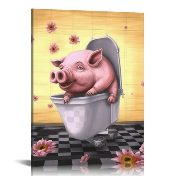 JEUXUS Funny Bathroom Canvas Wall Art, Pig Sunflower on Toilet Poster Decor for Bathroom Diningroom Office Framed