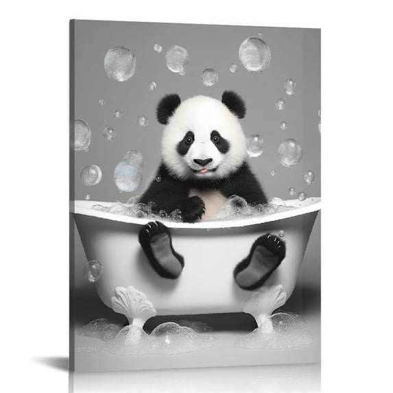 JEUXUS Funny Bathroom Wall Art Panda Bathroom Wall Decor Black And White Bathroom Pictures Canvas Print Panda Bathtub Painting Framed Home Artwork For Bedroom Restroom Office