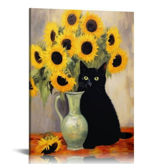 JEUXUS Funny Black Cat Sunflower Wall Art Canvas Print Artwork Cat Lover Poster Room Aesthetic Claude Monet Sunflowers Poster for Living Room Bedroom Hallway Home Wall Decor Gift Unframed 16x20 in