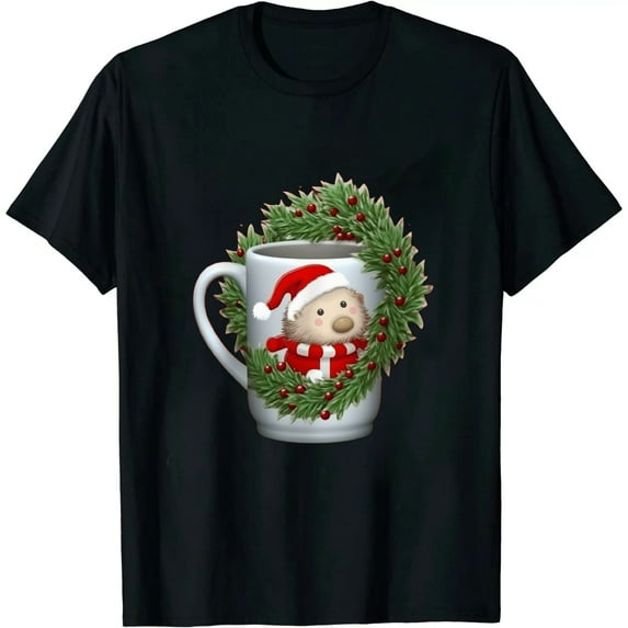 JEUXUS Funny Eggnog Cute Santa Hat Hedgehog Christmas T shirt
