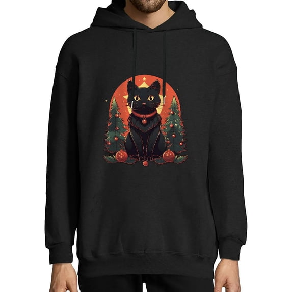 JEUXUS Funny Naughty Black Cat Pushing Christmas Tree Over Cat What T-Shirt Long-sleeved Hoodie