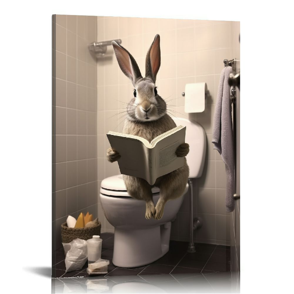JEUXUS Funny Rabbit Bathroom Canvas Wall Art Rabbit on Toilet Reading ...