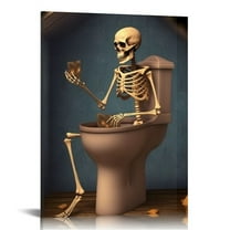 JEUXUS Funny skeleton Bathroom Canvas Wall Art Vintage skull Toilet Posters for Room Aesthetic Print Painting Retro Goth Halloween Wall Decor Pictures for Restroom