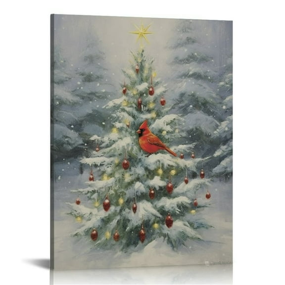 JEUXUS Gallery Wrapped Canvas Wall Art Print for Holiday Decor, 16x20, Cardinals and Christmas