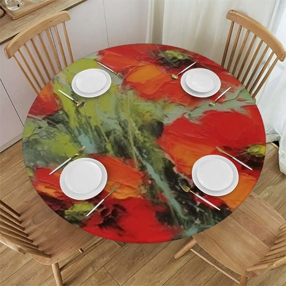 JEUXUS Garden Tablecloth, Round Tablecloth Oil-Proof Tablecloth Waterproof Polyester Oxford Fabric Table Cover for Dining Room and Party (Red Flower Retro Art Poppy Art Restaurant Table cover)