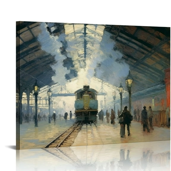 JEUXUS Gare Saint-Lazare Arrival of a Train by Claude Monet Canvas Wall Art - Impressionist Fine Art Oil Painting Reproductions Monet Print Poster for Home Living Room Decor - 20x16 inch