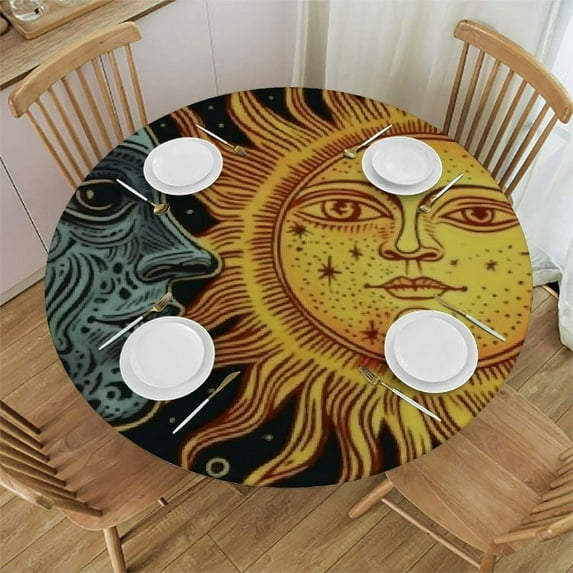 JEUXUS for Gold Sun Crescent Moon Stars Boho Chic Tattoo 60inch, Table Cloth Waterproof Round Tablecloth Stain Resistant Polyester Table Cover for Wedding, Banquet, Restaurant, Party