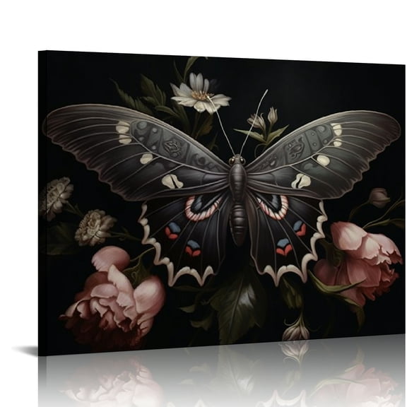 JEUXUS Gothic Moth Wall Art Vintage Gothic Canvas Dark Academia Prints Plants Poster Vintage Insect Pictures Dark Butterfly Print Gothic Butterfly Picture Moth Artwork Dark Flower Painting 20x16in