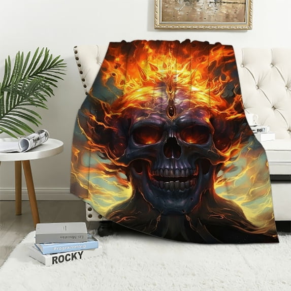JEUXUS Gothic Skull Blanket Orange Fire Skulls Halloween Skeleton Throw Blankets, Cool Skull Flannel Blanket Gifts for Women Men Adults, Plush Comfy Fluffy Fall Blankets Soft Bedding