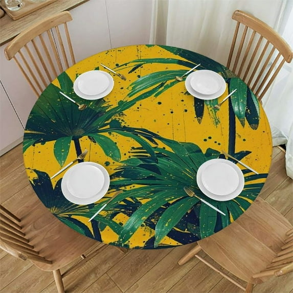 JEUXUS Great for Home Kitchen/Parties/Holiday Dinner Palm Leaves with Lush Branches and Leaves Round Tablecloth White