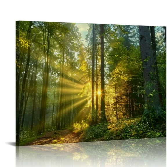 JEUXUS Green Forest Wall Art for Living Room Wall Decor Mountain Landscape Canvas Pictures Vintage Sunrise Nature Tree Scenery Prints Painting Framed Artwork for Bedroom Kitchen Office Decoration