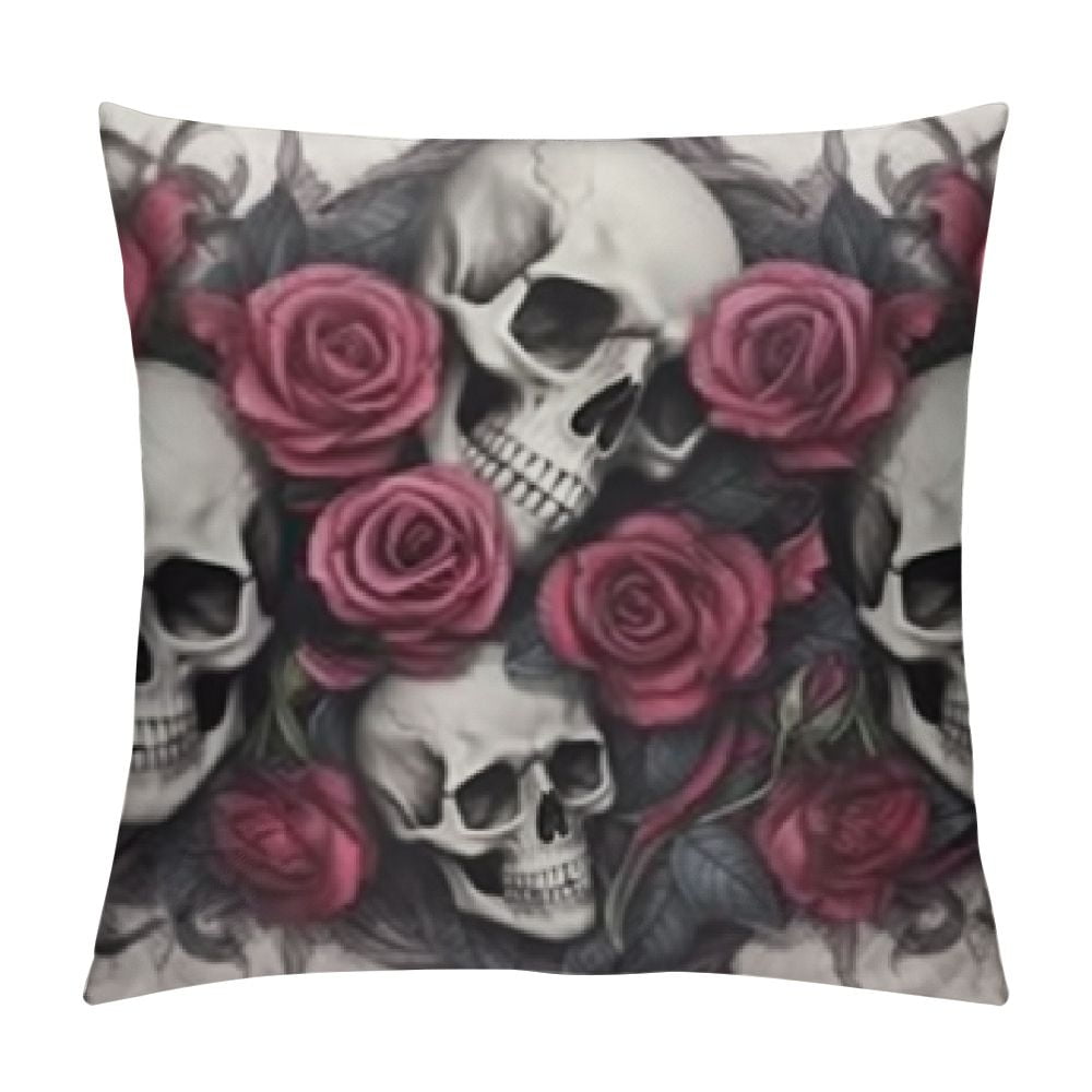 JEUXUS Halloween Skull Body Pillow Covers, Black Red Rose Flower Leaves