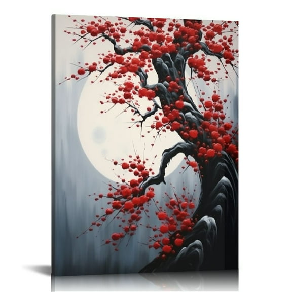 JEUXUS Hand Painted Chinese Oil Painting Plum Blossom with Bamboo Wall Art Red Flower Canvas Artwork 16x20 in