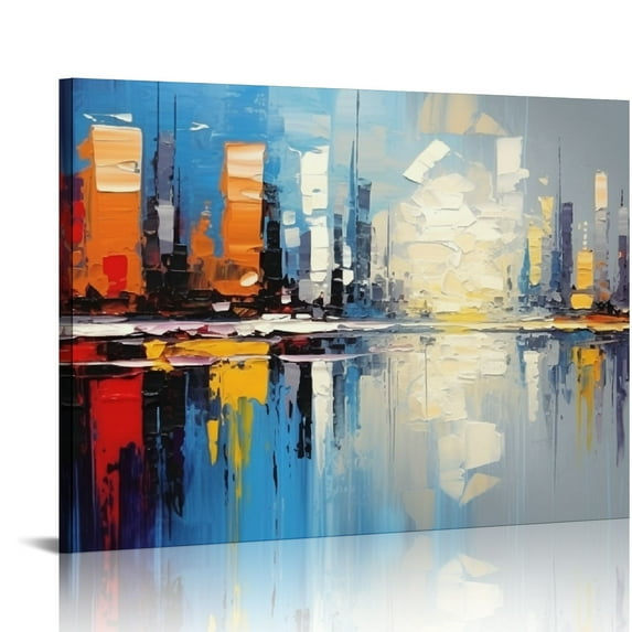 JEUXUS Hand Painted Cityscape Modern Oil Painting on Canvas Reflection Abstract Wall Art Decor