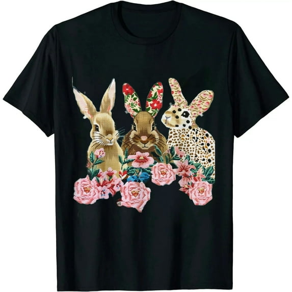 JEUXUS Happy Easter Shirts Women Funny Short Sleeve Leopard Print Bunny T Shirt Rabbit Graphic Tees Tops
