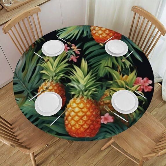 JEUXUS Hawaiian Pineapples Round Table cover Waterproof Polyester Table Cover Elastic Edge Washable Table Clothes for Outdoor Indoor Patio Use