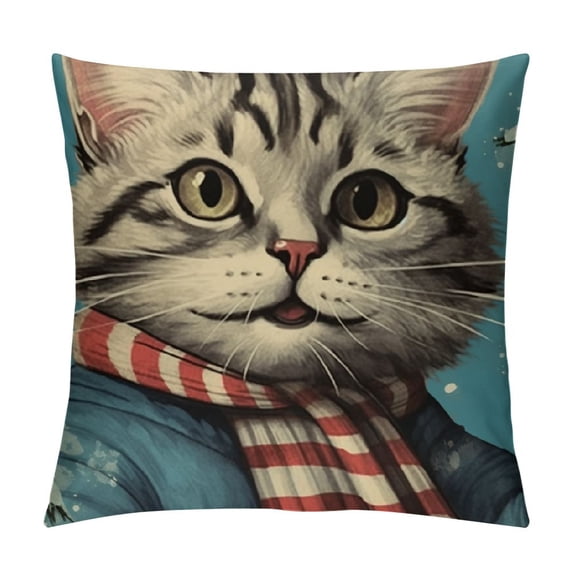 JEUXUS  Hello Winter Cat Lumbar Decorative Rectangle Pillow Cover , Kitty Kitten Snowy Forest Snowflakes Porch Outdoor Pillowcase, Christmas Holiday Seasonal Farmhouse Cushion Case Home Decor