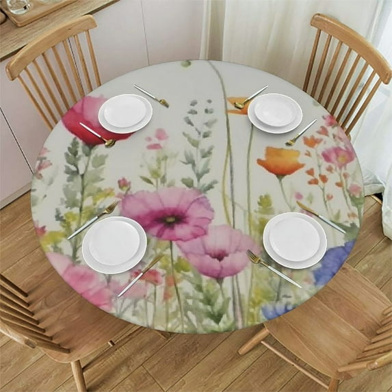 JEUXUS Herbal Wildflowers Round Table cover, Washable Fabric Table Cloth Large Waterproof Table Protector Cover for Kitchen, Dinning, Holiday Party Home Decor