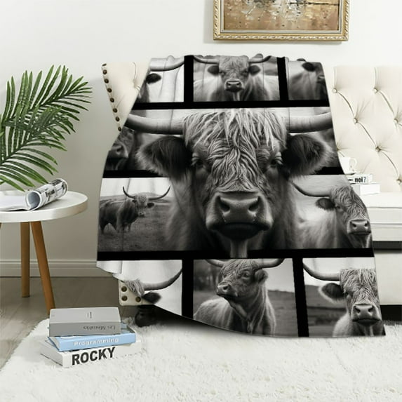 JEUXUS Highland Cow Blanket Long Horn Highland Cow Throw Blankets for Adults Kids, Black and White Cattle Animal Plush Blanket, Funny Highland Cow Gifts, Cozy Fuzzy Flannel Blanket