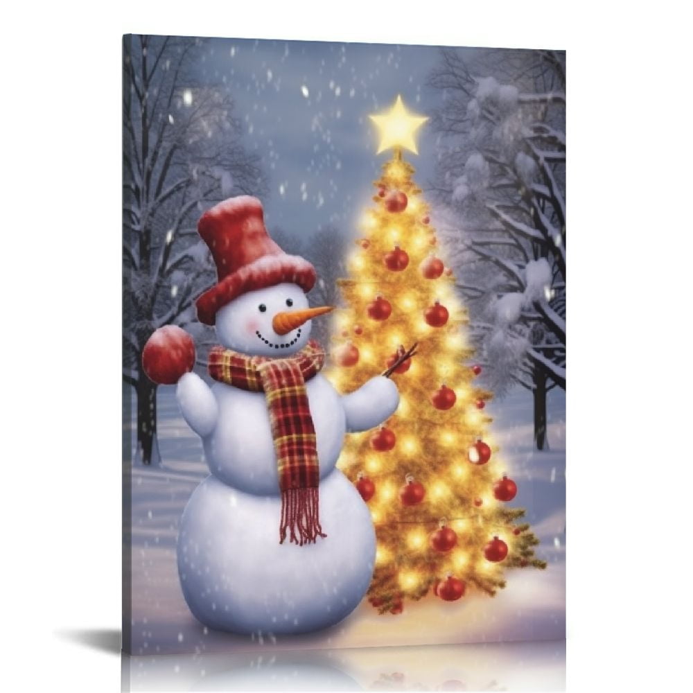 JEUXUS Holiday Canvas Wall Art Prints with Snowman and Christmas Tree ...