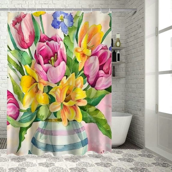 JEUXUS Home Bathtubs Bathroom Curtain Decoration Pink Yellow Tulip Butterfly Flowers Pink Stripes Shower Curtain Multiple Sizes White