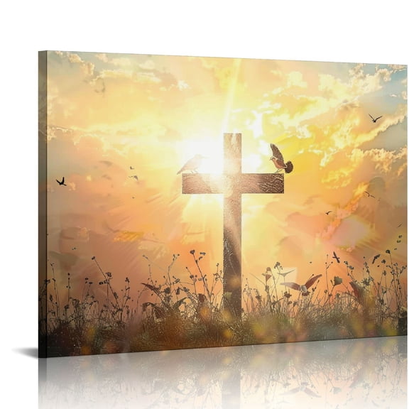 JEUXUS Home Decor Crosses Canvas Print Wall Art for Bedroom Home Holy Light Christ Spiritual Religion Picture Artwork Rest Room Study Room Wall Decor Frame Rustic Grassland