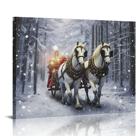 JEUXUS Horse Drawn Sleigh Canvas Print Snowy Winter Scene Light Up Wall Art with Cardinals