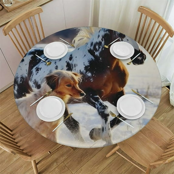 JEUXUS Horses Elastic Edged Polyester Fitted Table Cover,Appaloosa Pony and Sable Border Collie in Winter Print Round Fitted Tablecloth, XSmall, Fit Round Tables up Diameter, for Party Dining
