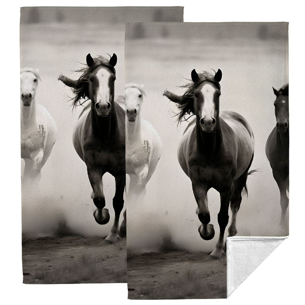 JEUXUS Horses Running Field Towel Set 2Pack Modern Decorative Tea