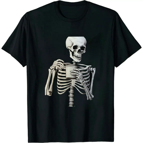 JEUXUS Hot Coffee Skeleton Shirt for Women Halloween Skeleton T-Shirt Funny Fall Skull Graphic Tees Tops Blouse Gift