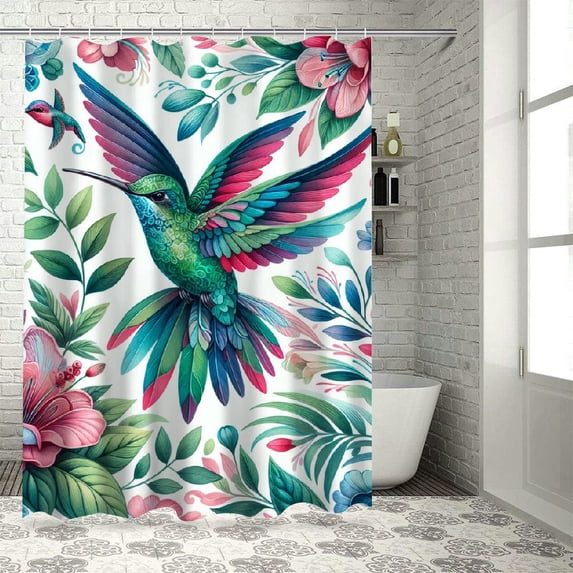 JEUXUS Hummingbird Gifts Valentine Present Humming Bird Floral Flower Waterproof Shower Curtain Multiple Sizes White