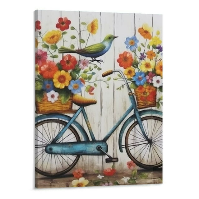 JEUXUS, Hummingbird Wall Art Colorful Flowers Bicycle Wall Decor ...