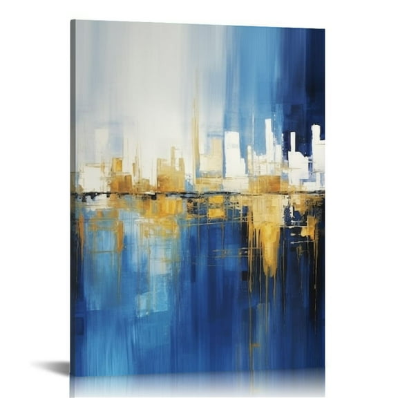 JEUXUS  Indigo Blue and Gold Wall Art for Living Room Abstract Wall Decor Canvas Paintings Cityscape Modern Skyline Large Size Pictures Framed Artwork Bedroom Office