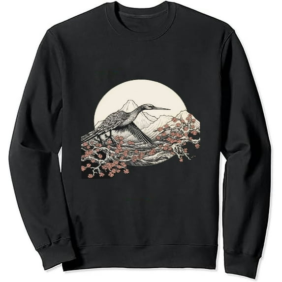 JEUXUS Japan Crane Stork Sakura Cherry Blossom Tree Japanese Art Pullover Sweatshirt