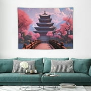 JEUXUS  Japanese Cherry Blossom Tapestry Japan Pagoda Mount Fuji Asian Anime Plank Tapestry Wall Hanging Art for Bedroom Living Room Hippie Party Decor