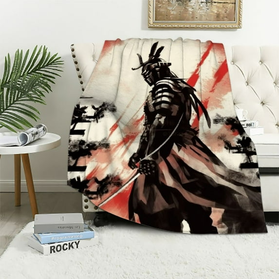 JEUXUS Japanese Samurai Red Sun Couch Throw Blanket Soft Fuzzy Blanket,Vintage Fall Winter Blanket Thick Warm Plush Cozy Throw Blanket Shaggy Blanket for Sofa Bed Camping Travel