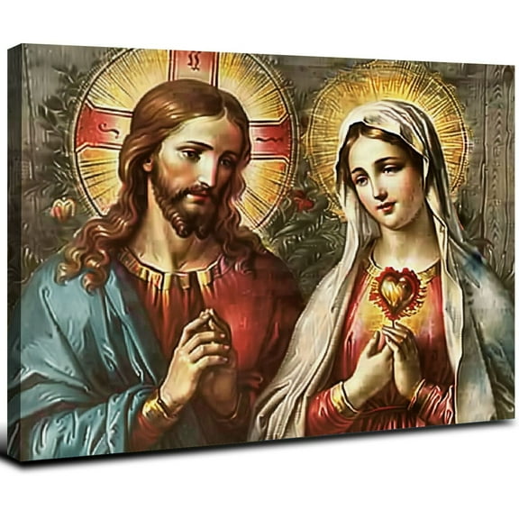 JEUXUS Jesus and Virgin Mary Wall Art Jesus Christ and Virgin Mary Pictures Wall Decor Christian Religious Faith Scripture Canvas Prints Modern Framed Home Artwork Decoration 20x16inch