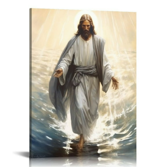 JEUXUS Jesus Wall Art Jesus Decor Walking In The Water Canvas Christian Religious Black Jesus Canvas Wall Decoration Bible Picture Poster Printing Living Room Painting Bedroom Church Ready To Hang