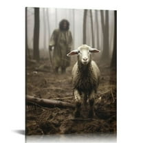 JEUXUS Jesus and Lamb Canvas Wall Art Jesus Running After Lost Lamb Picture Wall Art Canvas Print Christian Home Decor 16x20 inch