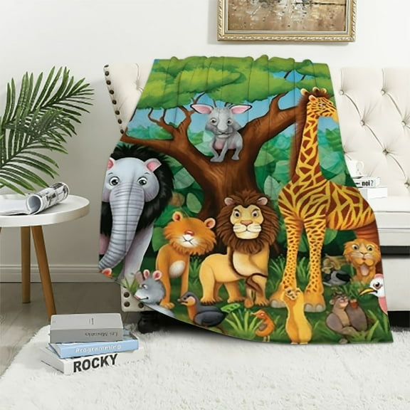 JEUXUS Jungle Animal Throw Blanket, Cozy Flannel Animal Blanket for Kids, Soft Jungle Blanket with Giraffe Elephant Lion Print, Fuzzy Safari Zoo Blankets for Teen Child Girl Boy Gift Sofa