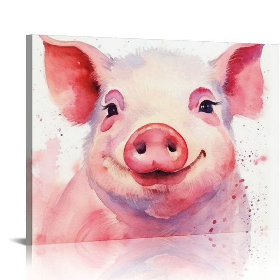 JEUXUS Kids Room Decor Pig Canvas Wall Art, Modern Watercolor Splatter and Splotches Pink Pig Painting Framed Artwork Decor for Farmhouse Kitchen Bathroom Living room,